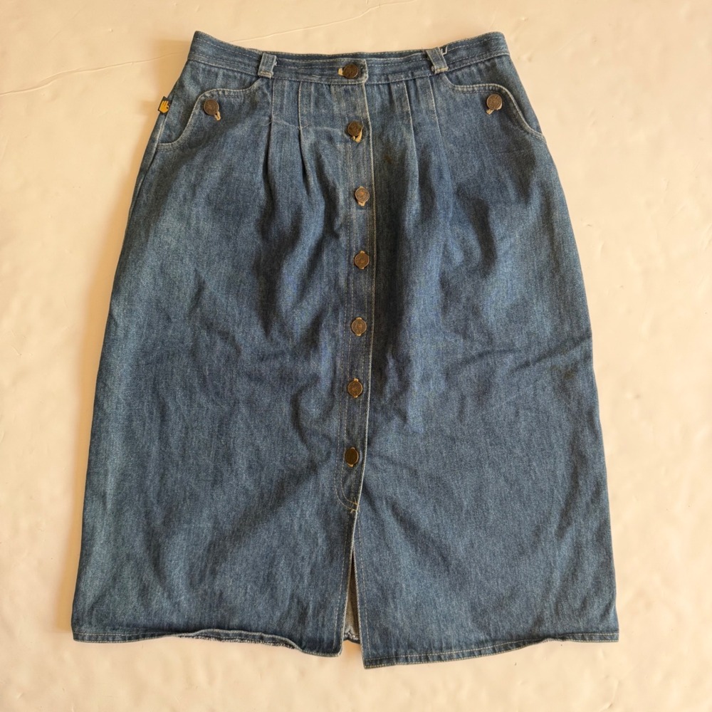 Vintage Sasson 90s Dark Wash Denim Midi Skirt Twee Pleated Button Front Cotton 4